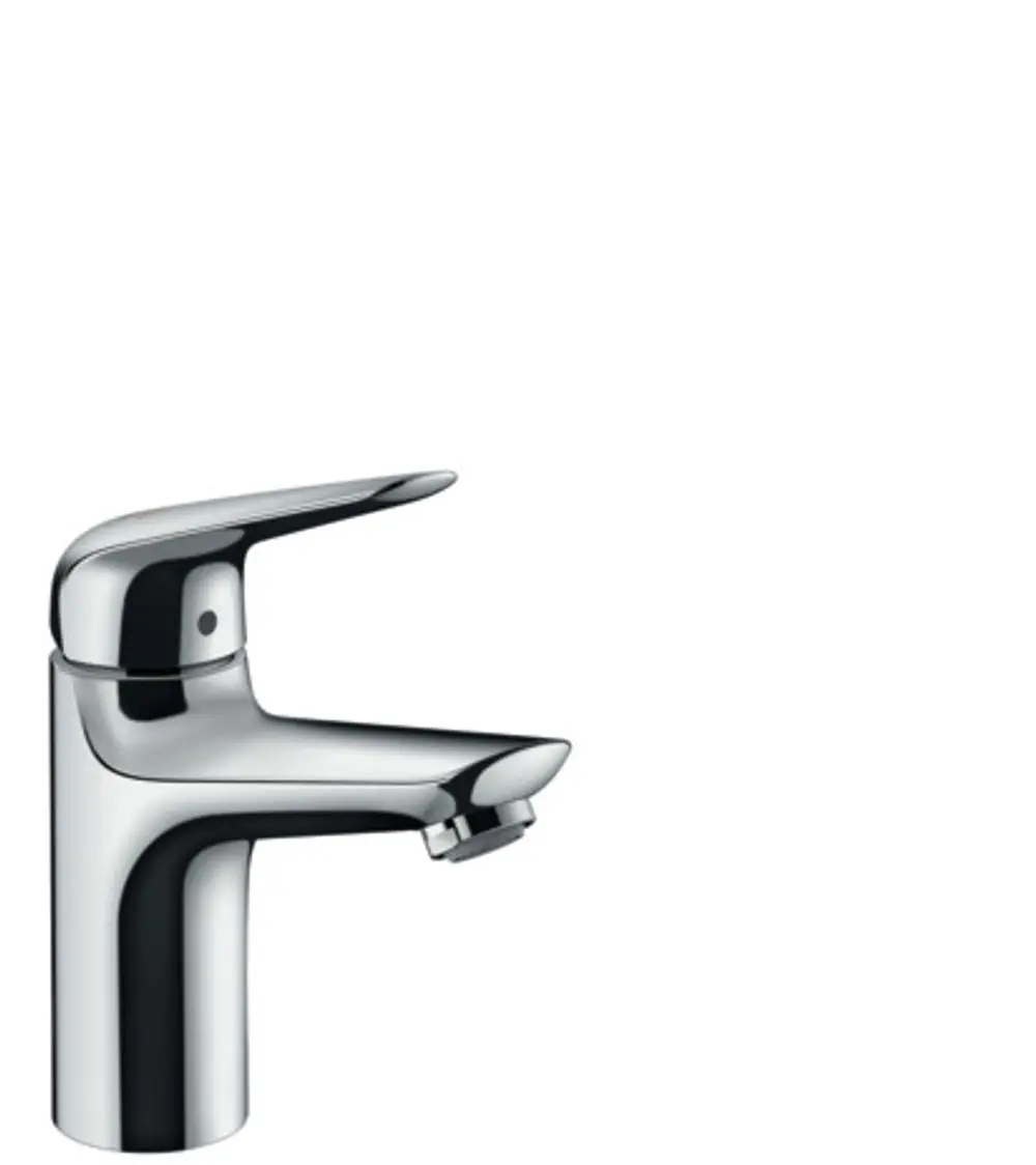 Hansgrohe-Waschtischmischer mit einem Hebel und mittigem Auslauf, verchromt. Angebracht ist eine Push-Open Ablaufgarnitur.